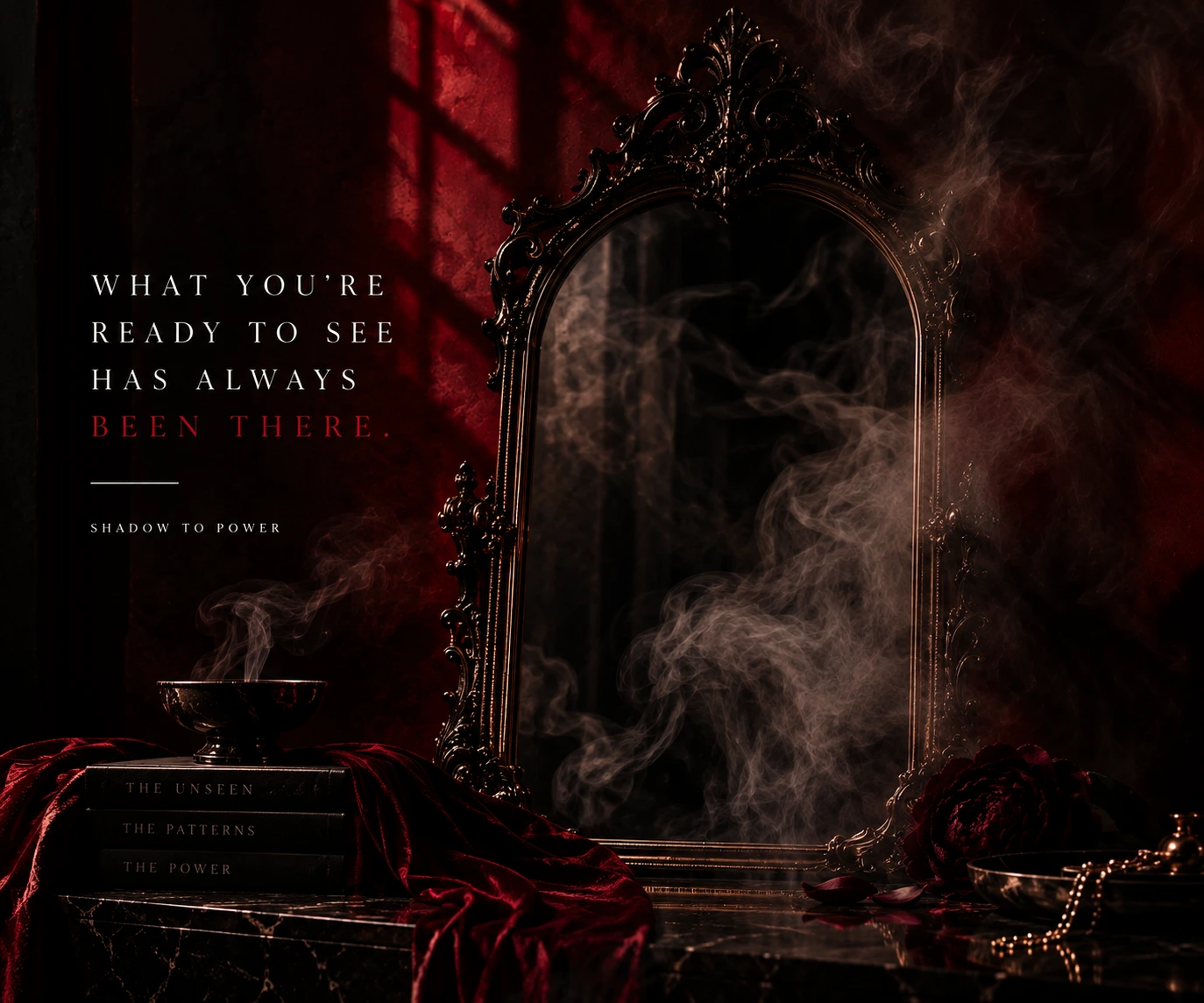 Smoke drifting across an ornate mirror
in cherry-
red
light.